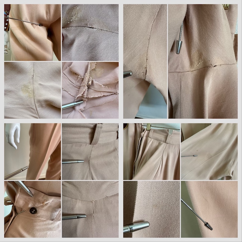 Pu&ograve; includere: Un primo piano di un paio di pantaloni rosa chiaro con chiusura a zip e bottone. I pantaloni hanno una piega sul davanti e sul retro di ogni gamba. I pantaloni sono realizzati in un tessuto morbido e leggero.