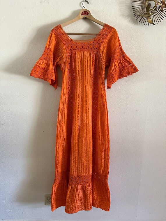 1970s Mexican Pintuck Bell Sleeve Maxi Dress Croc… - image 6