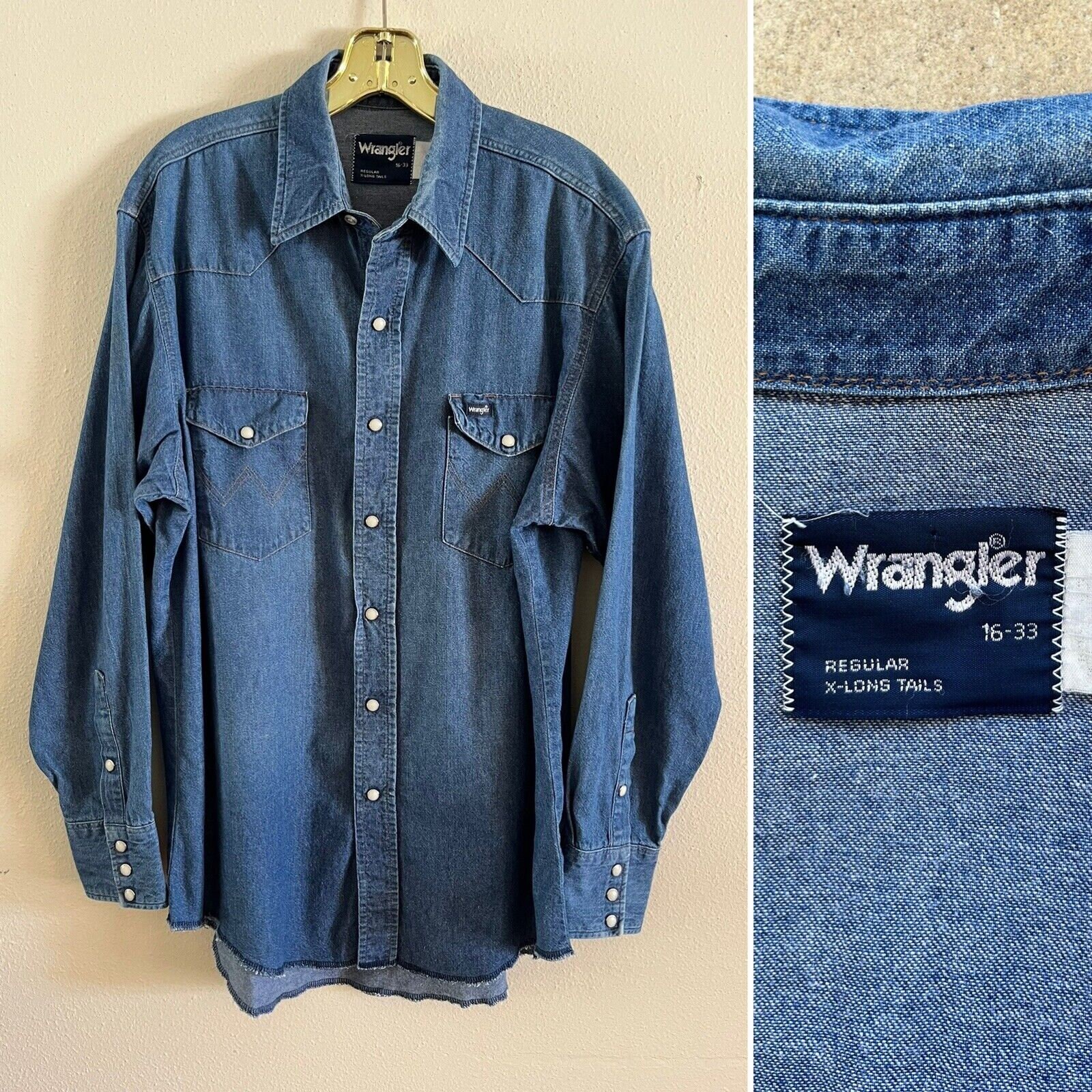 90s WRANGLER Pearl Snap Denim Western Shirt 16 33 Cowboy - Etsy UK