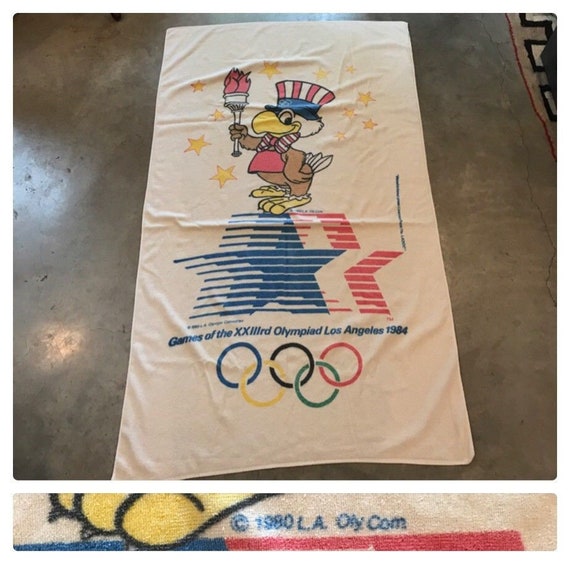 Vintage 1984 Olympic Games Beach Towel Los Angeles Olympiad 36x60 Souvenir Novelty Print Usa Flag Torch Patriotic Spell Out Souvenir 80s