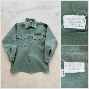 1960s Vtg US Army OG-107 Sateen 14 1/2 X 33 Cotton Utility Shirt SMALL 60s Military Work Utility Uniform Long Sleeve Shirt Og107 og 107