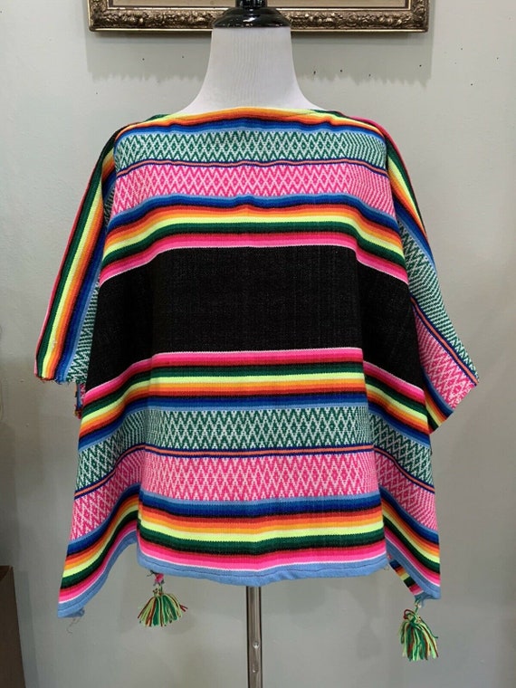 60s Neon RAINBOW PONCHO Mexican Blanket Pom Pom S… - image 2