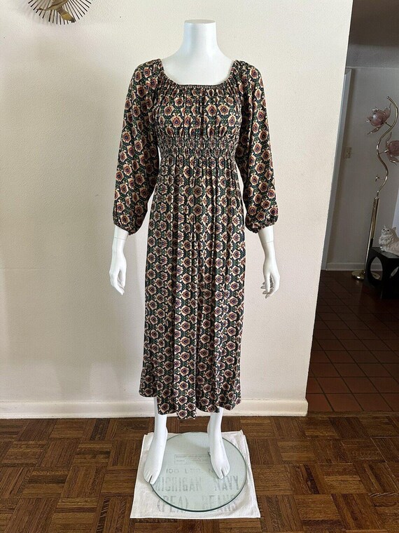 1970s Floral Block Print Prairie Dress: Vintage Rissa Boho Cotton Blend, Hippie Boho Renaissance