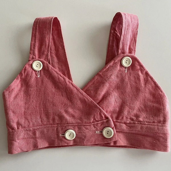 1940s Pink Chambray Girls Crop Top Bralette Sportswear Playsuit Triangle Top Beach Swim Western Boho 1950s Kids Youth Retro Tiki Pool Gidget