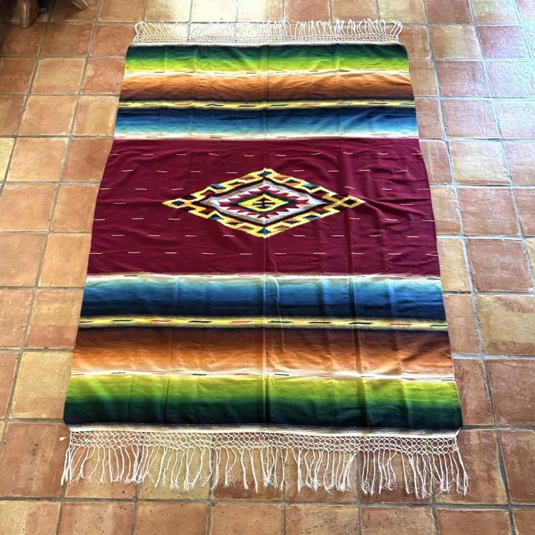 Saltillo Tile Rug 1930s 40s Vtg Mexican Saltillo Serape 89x66 in Wool Rug Blanket Fine ...