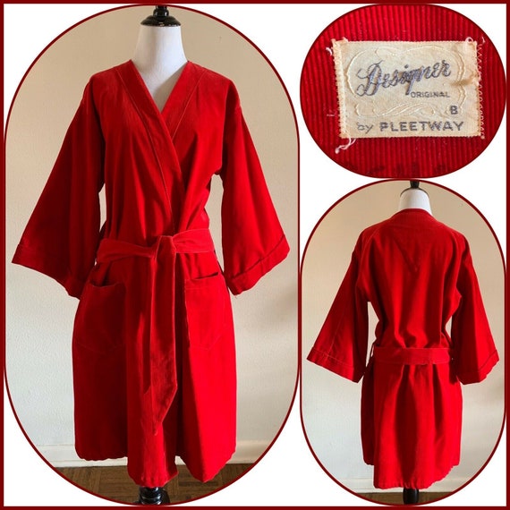 50s Red Corduroy PLEETWAY Loungewear Robe Holiday… - image 1