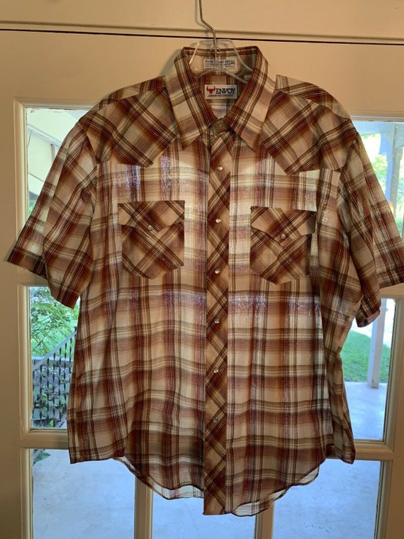 80s ENVOY Metallic Pearl Snap Western Plaid Butto… - image 4