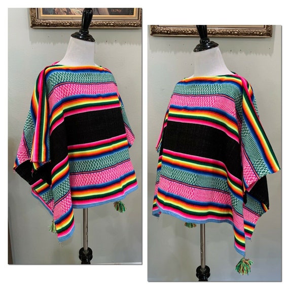 60s Neon RAINBOW PONCHO Mexican Blanket Pom Pom S… - image 5