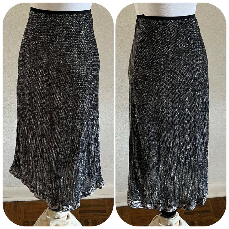 50s 60s Black & Silver Grecian Border Lamé Sparkle Skirt Slip Party Festive Black Metallic Swim Cover Up Lounge Roller Skate Disco Retro image 8