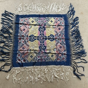 WWII Taj Mahal Silk Brocade Square Piano Shawl Scarf Tablecloth Vintage Tapestry Antique 40s Hand Knotted Fringe Jacquard Damask 1940s