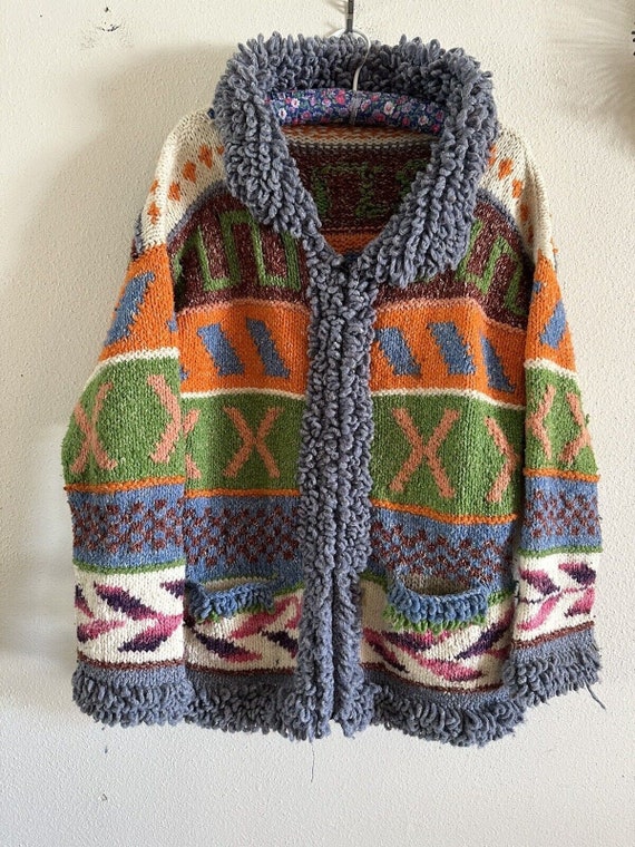 Chunky Knit Zip up Cardigan Sweater Jacket Aztec Ski Geometric Looped AS IS Hippie Boho Ski Winter Camp Outdoor Multicolor Fall Sweater Etsy