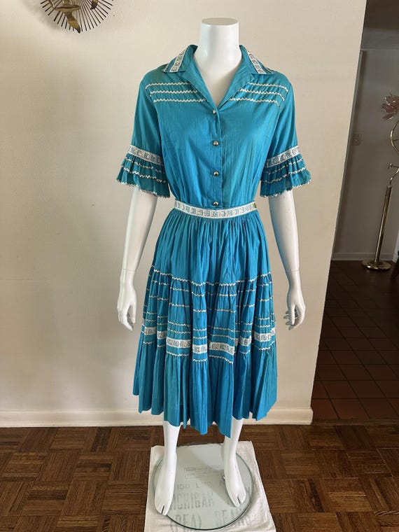 1950s Western Patio Set: Turquoise Fiesta Circle Skirt & Blouse - Bogart of Texas