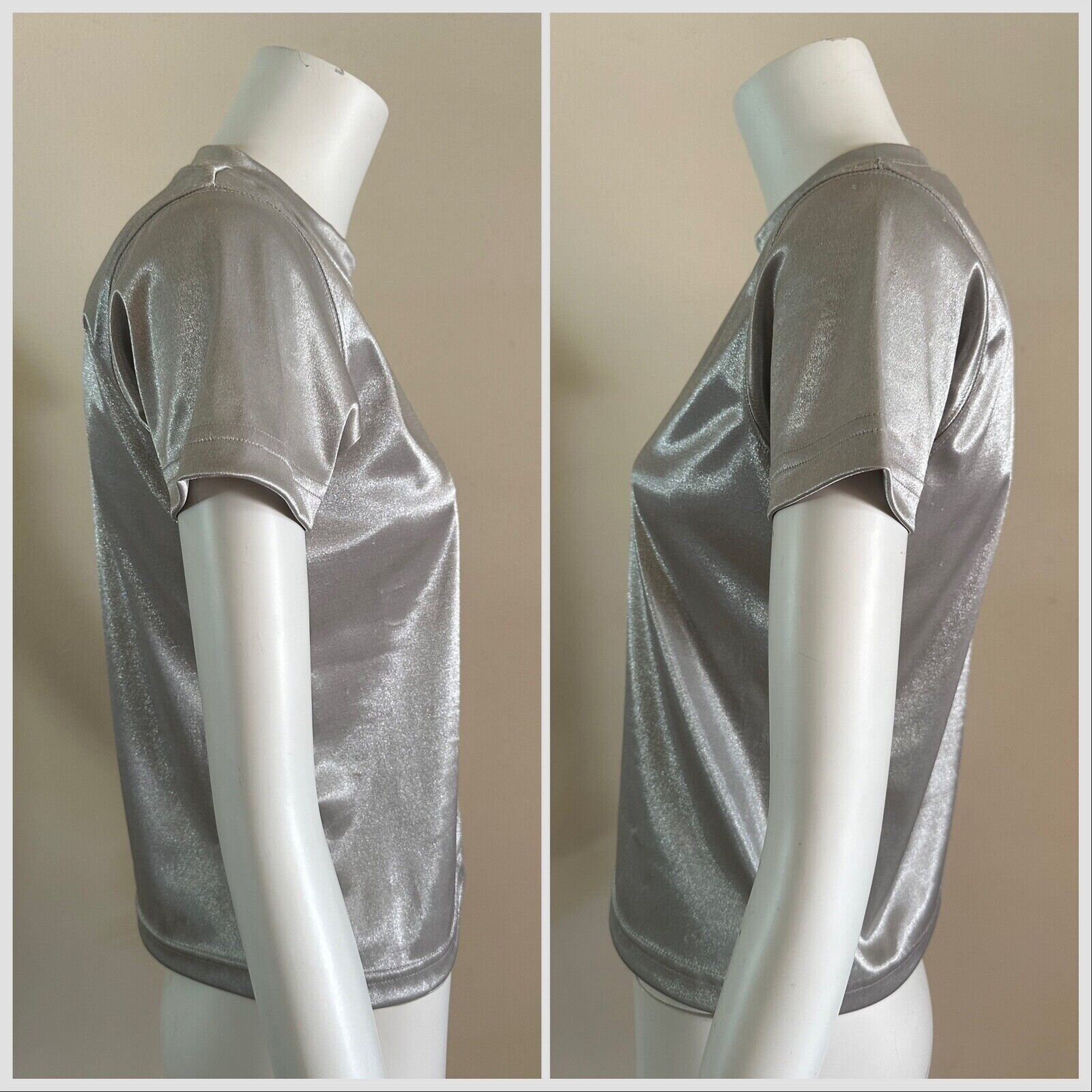 1990s Y2K Metallic Silver Shirt Embossed USA Babydoll Tee