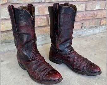 Vintage Lucchese Full Quill Ostrich Cowboy Boots, Black Cherry USA, Mens 7.5 D