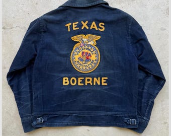 Vintage 80s Custom Chain Stitch FFA Blue Corduroy Jacket