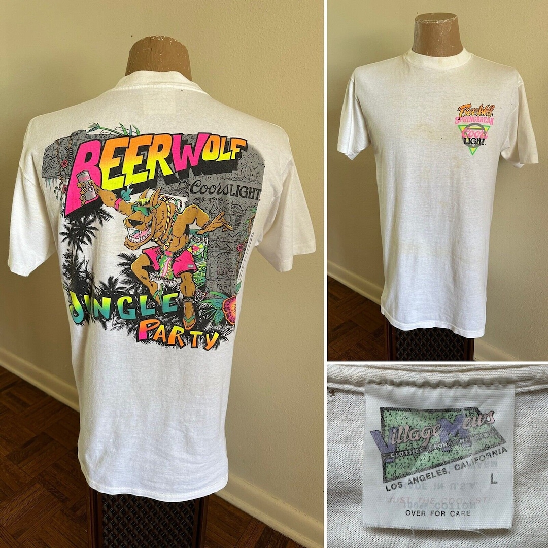 1990 Vtg Coors Light BEER WOLF Neon Silver Bullet T Shirt Spring Break