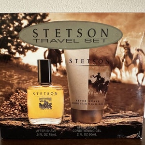 May include: A travel set of Stetson men's grooming products. The set includes a 0.5 fl oz (15 ml) bottle of after shave and a 2 fl oz (60 ml) tube of after shave conditioning gel. The packaging features a western-themed design with a cowboy riding a horse.