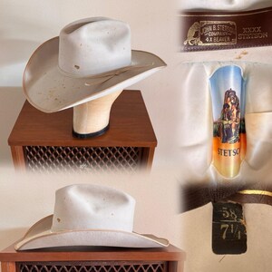 Chapeau Western Cowboy Paille Stetson JBS 8X, Beige, Taille 7, Ovale Long, Vintage USA