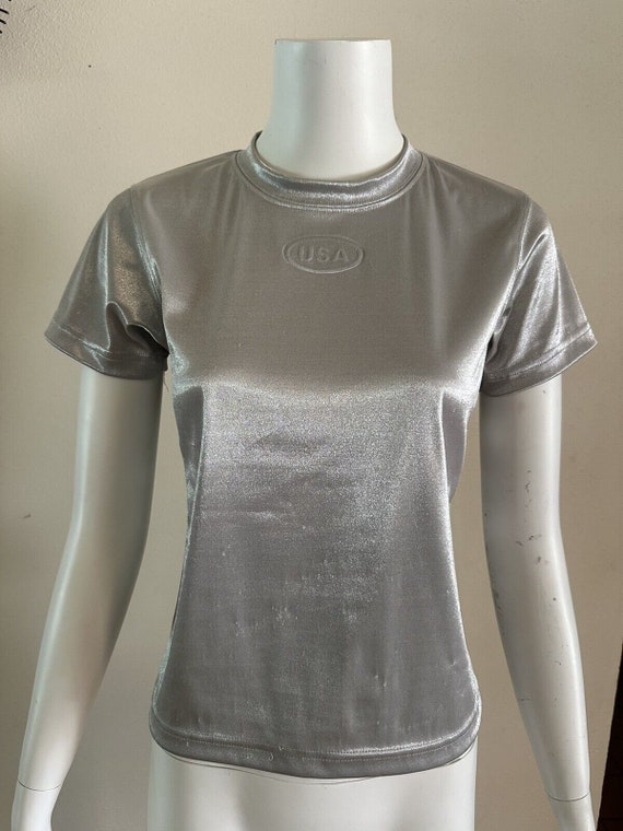 1990s Y2K Metallic Silver Shirt Embossed USA Babydoll Tee