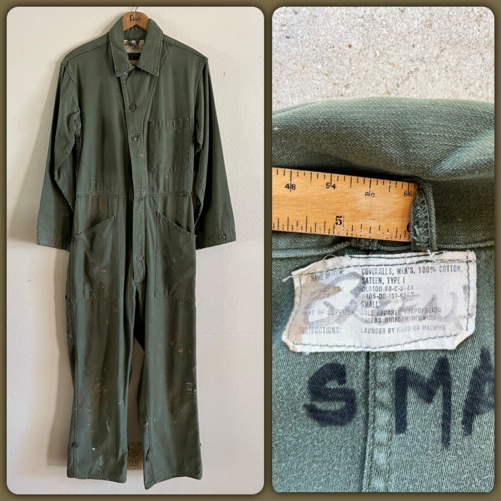 1980 US Army Sz SMALL Sateen Coveralls Work Cotton Military