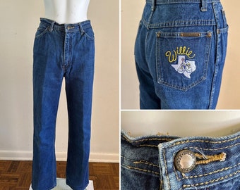 80s WILLIE NELSON Denim Jeans W 26.5 L 32 High Waist Mom Texas Embroidered Pocket Work Chore Utility Rodeo Cowgirl Workwear Honky Tonk Hippy