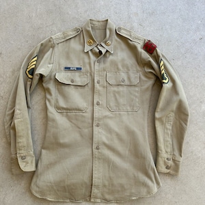 60s 70s Vtg US Army Cotton Khaki Shirt sz XS/Small Long Sleeve Patch Utility Shirt Military Vietnam War Era RIPS Name Tag Collar Insignia