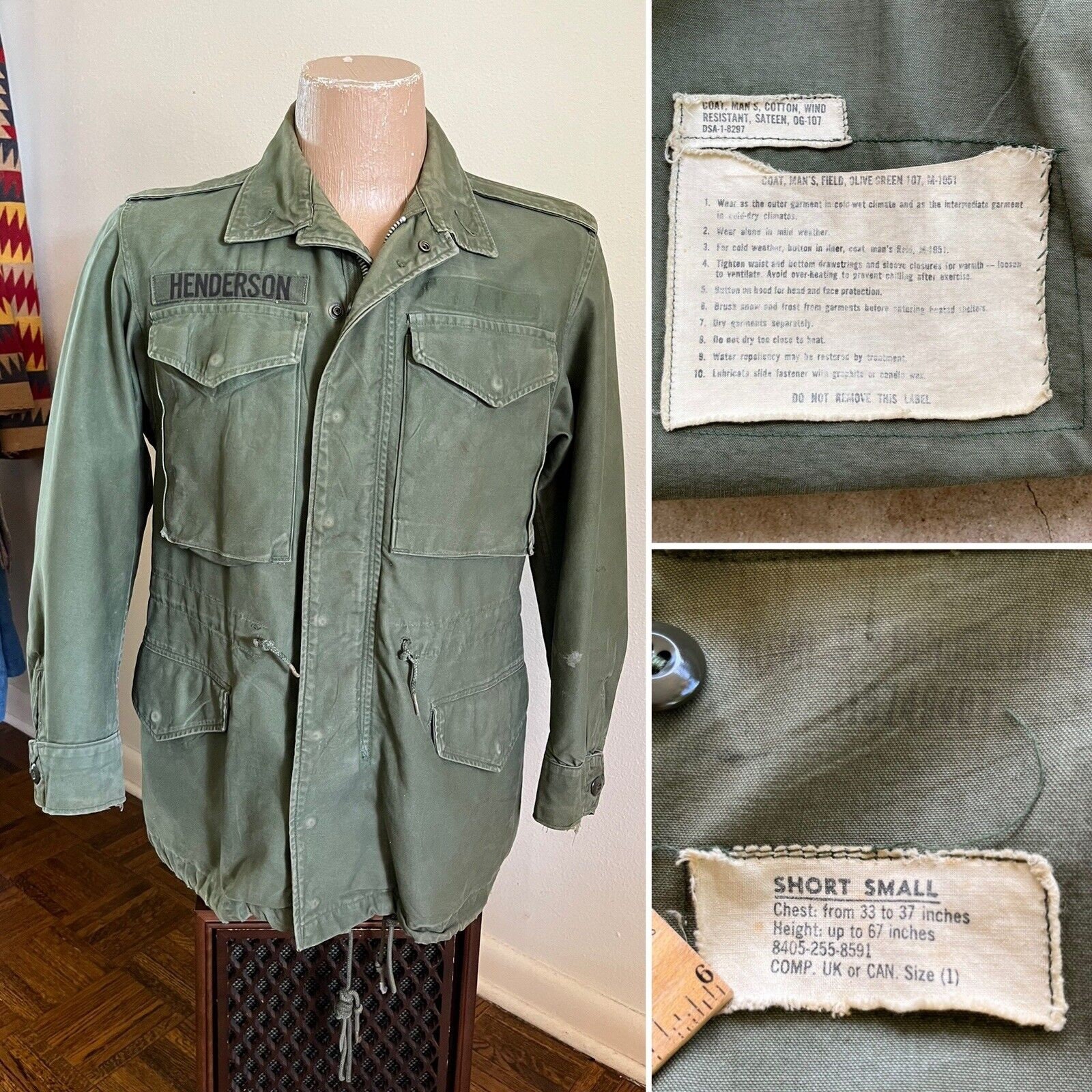 US Army M-1951 OG 107 Field Jacket SMALL Short 1965 Cold Weather