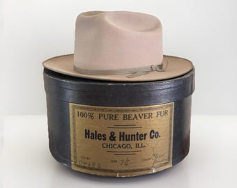 1960s CLEAR 100 Percent Pure Beaver Fur Sz 7 1/4 Western Dress Hat w/ Box Cowboy Red Comb Pioneer Feeds Hales & Hunter Co.