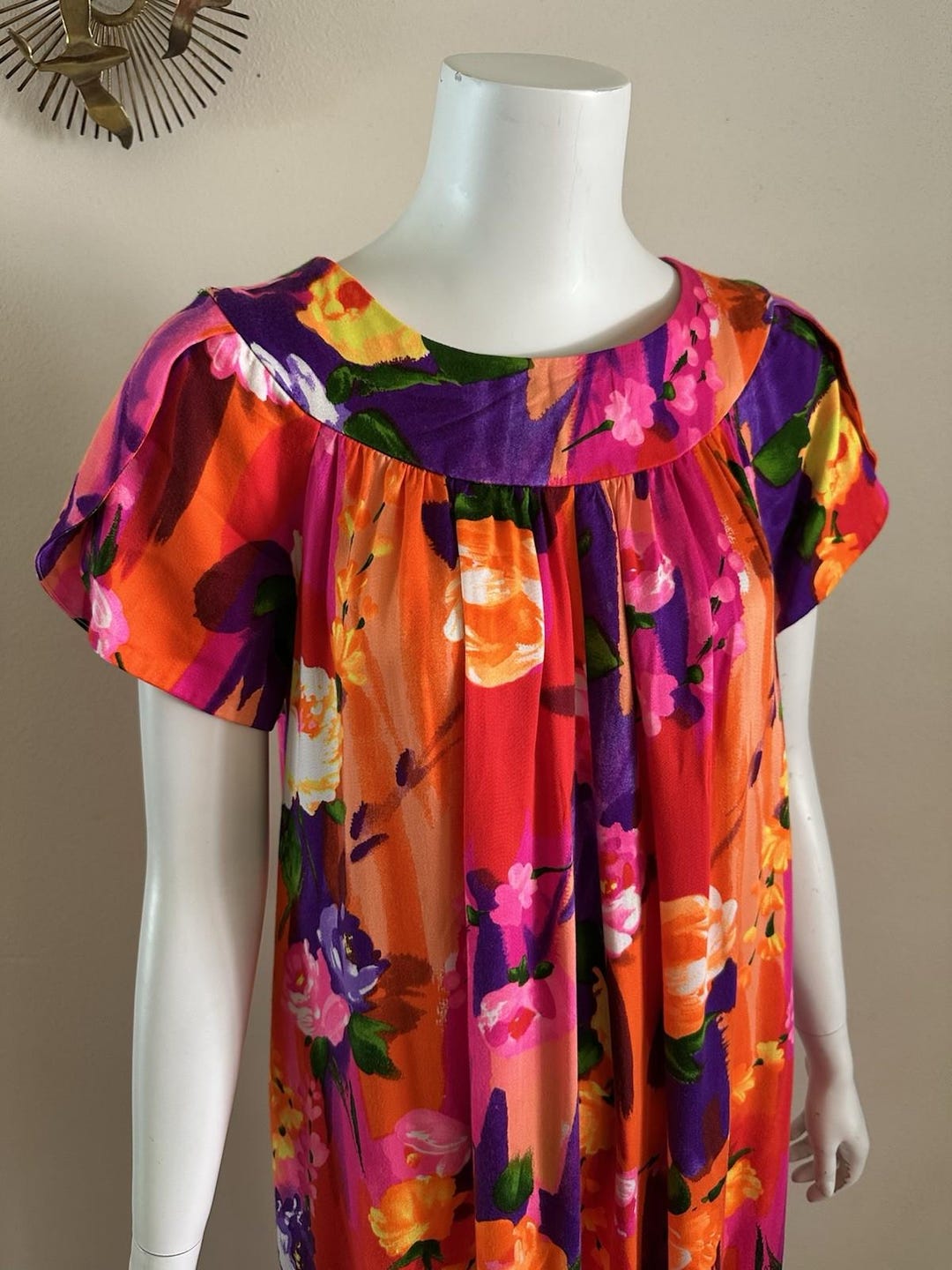 1970s Hawaiian Maxi Dress Mumu Dayglo Floral Hostess Aloha Tiki Luau W ...