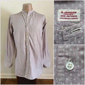 Antique Dobby Striped Band Collar Dress Shirt: 1910s D. Johnson San Antonio Maker, Bespoke French Cuff Edwardian Western Frontier