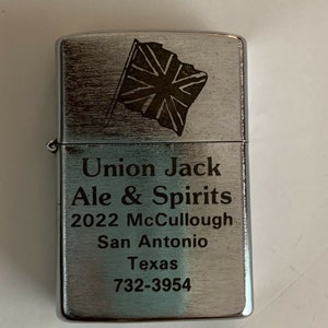 My-Lite UNSTRUCK Flip Top Advertising Lighter LIQUOR STORE Union Jack Ale San Antonio Texas Man Cave Display Flip Top Lighter Brushed Finish