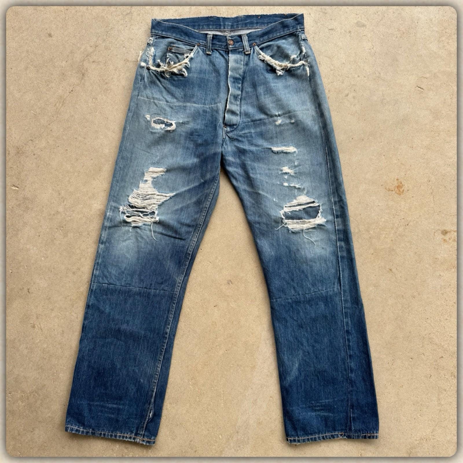 50〜60s Big Winston Donut Button Jeans 1940's Repaired Donut Button Denim Carpenter Jeans 39.5