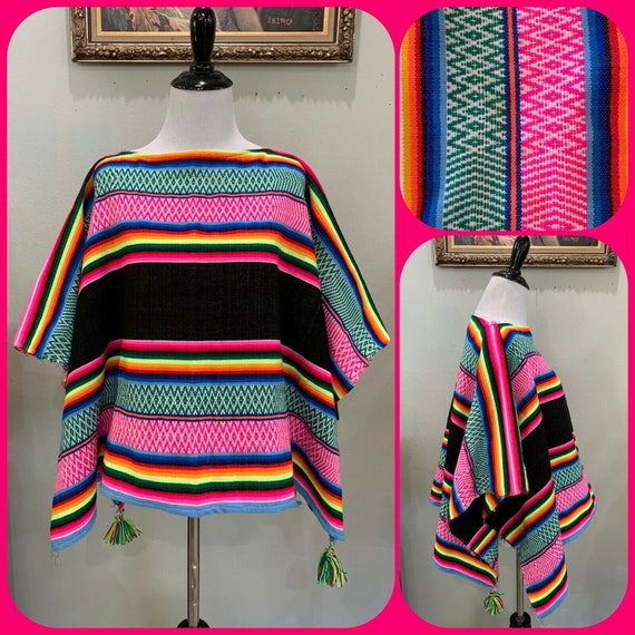 60s Neon RAINBOW PONCHO Mexican Blanket Pom Pom S… - image 1