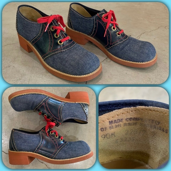 70s Carousel Denim Leather Oxford Lace-Up Shoes Sz