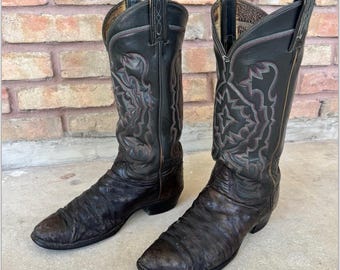 Vintage 1983 Tony Lama El Rey Full Quill Ostrich Cowboy Boots Gray US, Mens 7.5 D