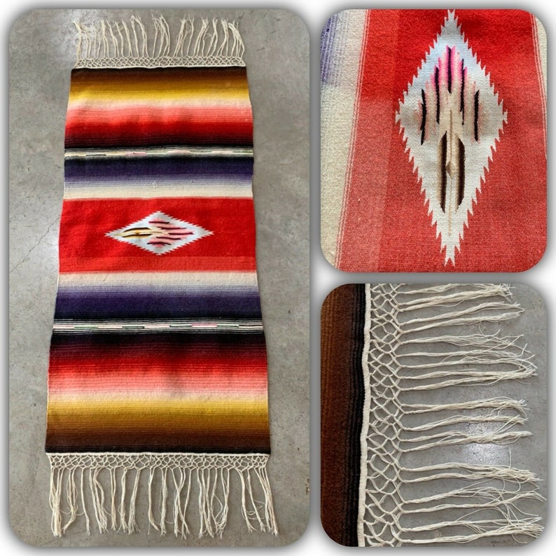 Mexican Saltillo Ombre Table Runner Wall Hanging Blanket Serape Saddle Linen Fringe Farmhouse Boho Vintage 50s Southwestern Home Decor