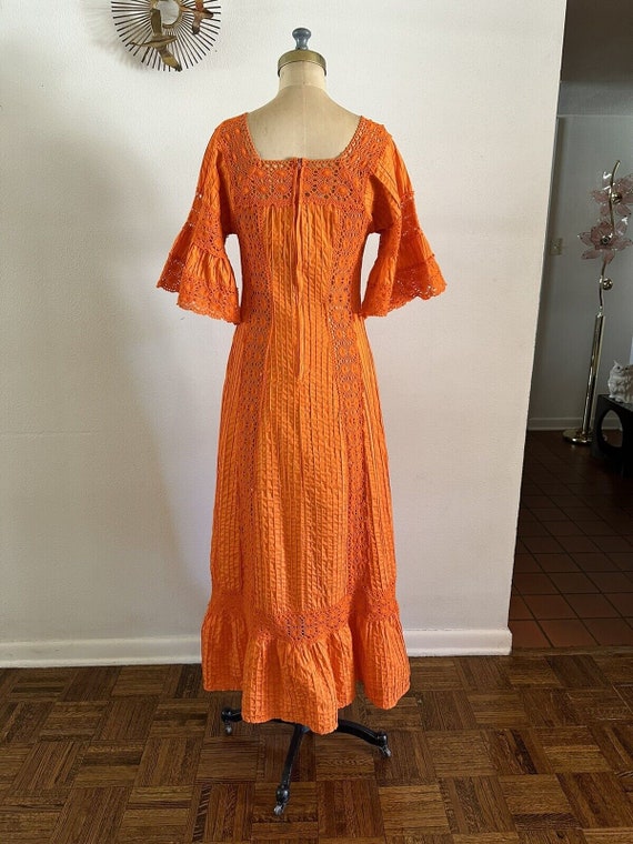 1970s Mexican Pintuck Bell Sleeve Maxi Dress Croc… - image 4