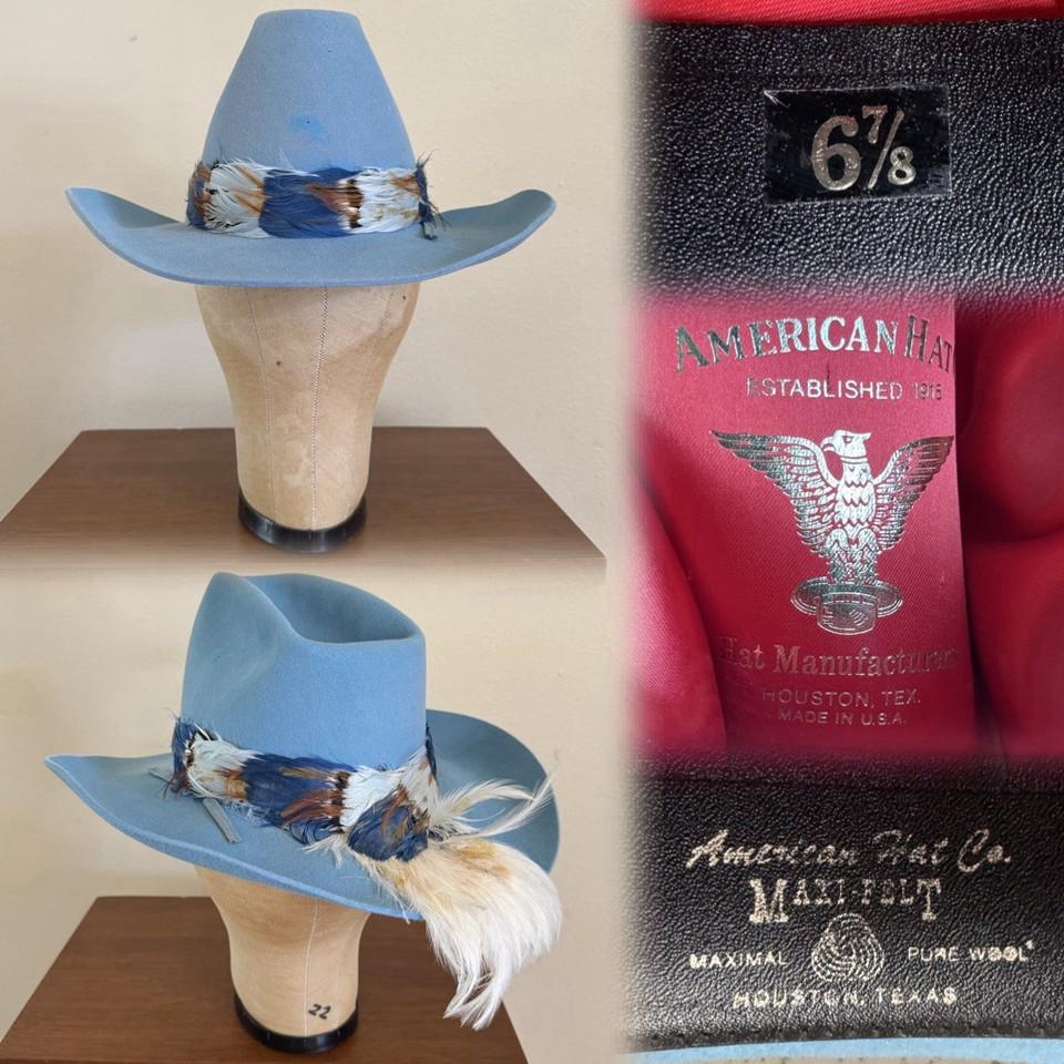 1970s American Hat Co. Blue Cowboy Hat With Feather Band  display picture 3