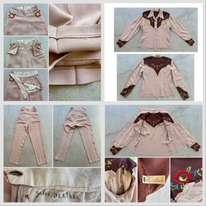Pu&ograve; includere: Un completo pantalone rosa vintage con ricamo floreale. I pantaloni hanno vita alta e gambe larghe. La giacca ha un colletto a punta e maniche lunghe. L'etichetta recita "M. Albertthal".