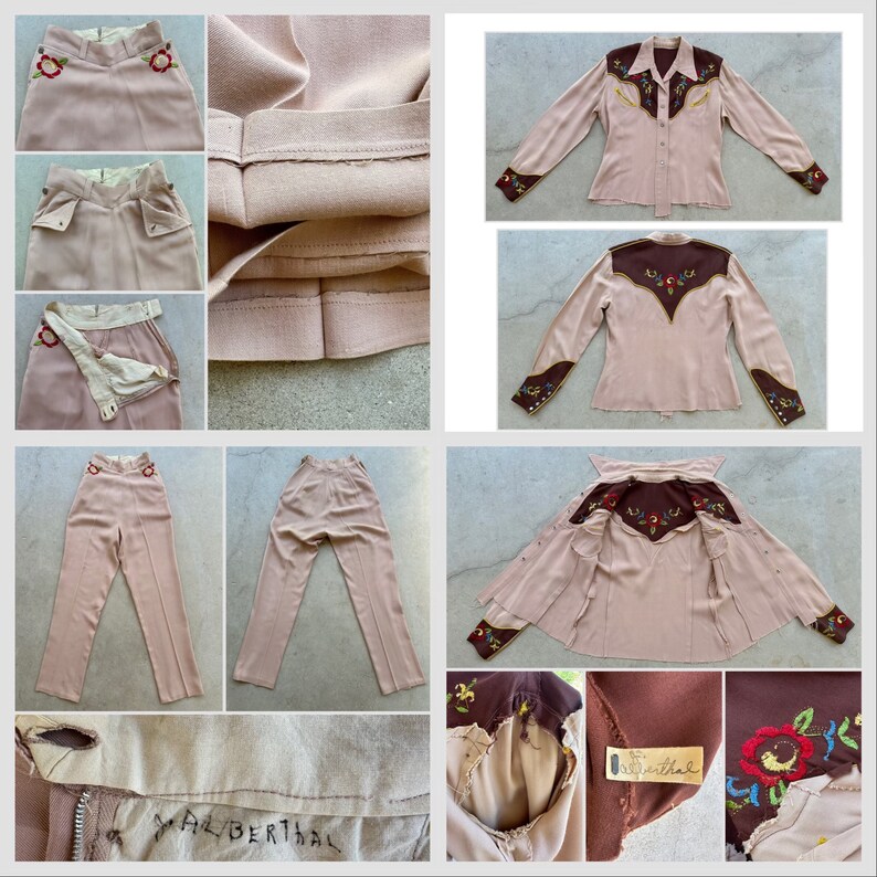 Pu&ograve; includere: Un completo pantalone rosa vintage con ricamo floreale. I pantaloni hanno vita alta e gambe larghe. La giacca ha un colletto a punta e maniche lunghe. L'etichetta recita "M. Albertthal".