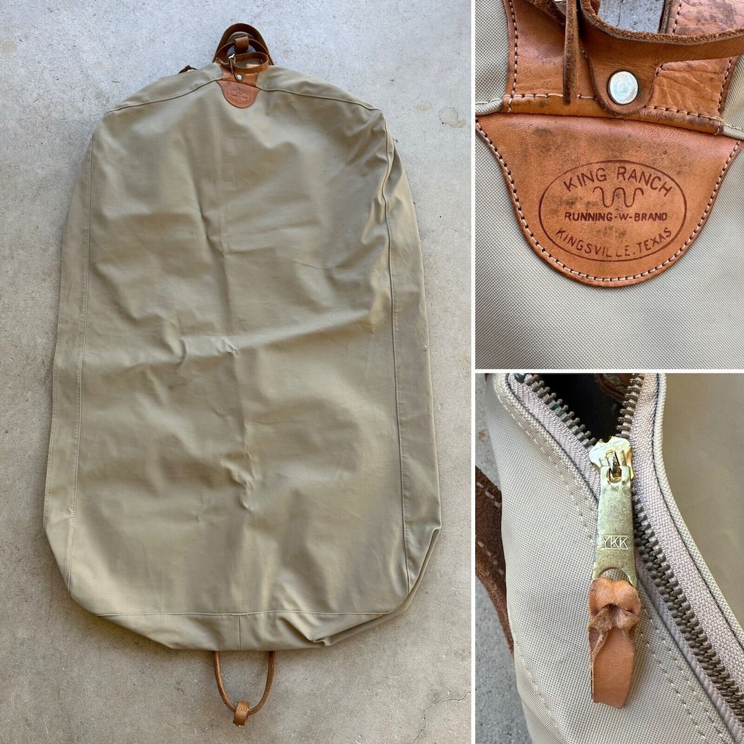 King Ranch Canvas Hanging Garment Bag Leather Handles Overnight Weekend Travel Luggage Tan Khaki