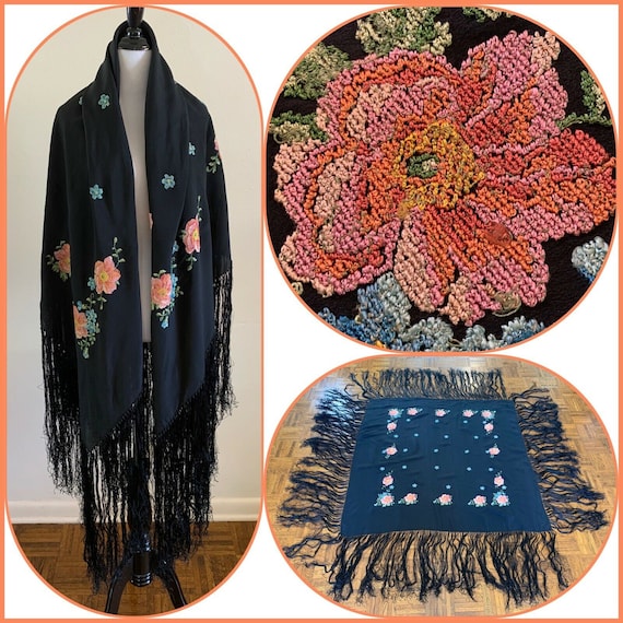 Embroidered Floral Piano Shawl Hand Knotted Fring… - image 1