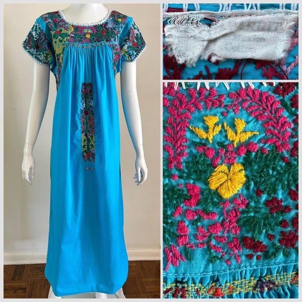 1970s Oaxacan Huipil Maxi Dress: Embroidered Mexican Floral Cotton, Turquoise, Size S/M