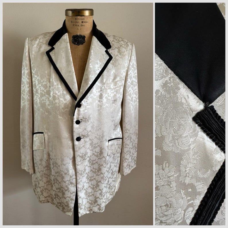 1950s First Nighter Brocade Dinner Jacket, Vintage Floral Tuxedo Blazer ...