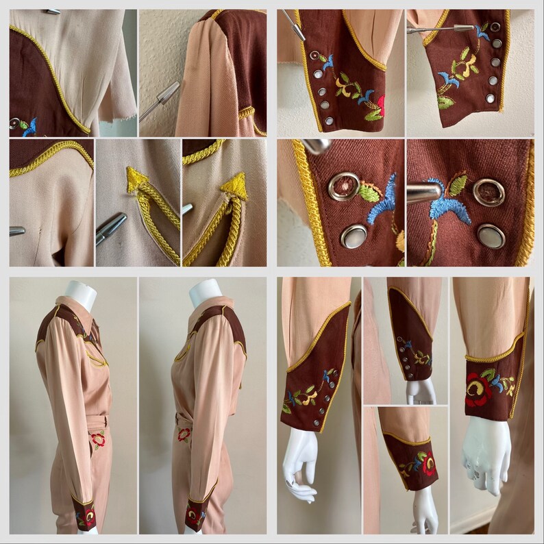 Pu&ograve; includere: Una camicia in camoscio marrone chiaro in stile western con rifiniture marroni e gialle. La camicia presenta ricami floreali sulle maniche e sul collo. La camicia &egrave; mostrata su un manichino.