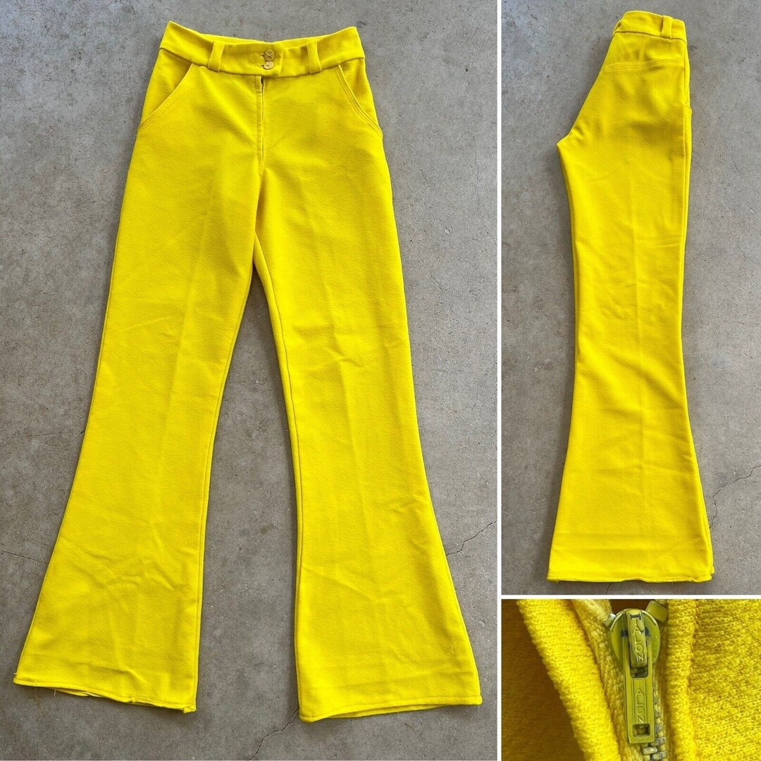 70s Yellow Polyester Glam Hip Hugger Bell Bottom Flares Pants - Etsy