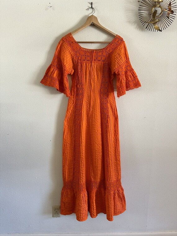 1970s Mexican Pintuck Bell Sleeve Maxi Dress Croc… - image 7