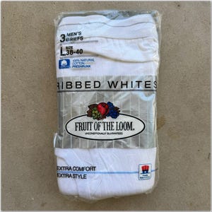 1989 Vtg 3 Pack 38 - 40 Fruit Of The Loom Ribbed Whites Cotton Briefs Sealed NIP Deadstock 1980s Underwear Made in USA Mens FOTL 100% Cotton