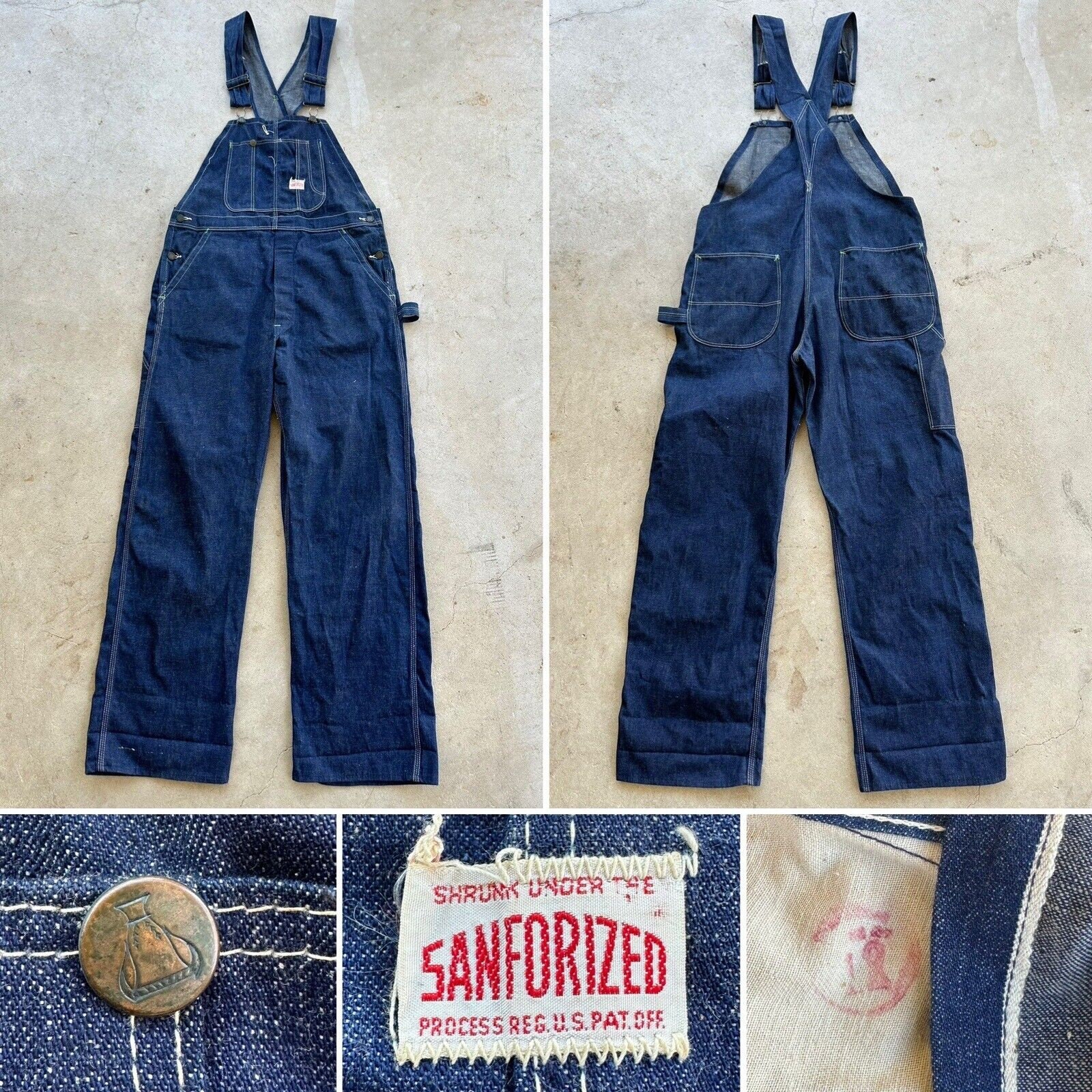 1950s Sanforized Cotton Denim Bib Overalls Workwear 50s Dark