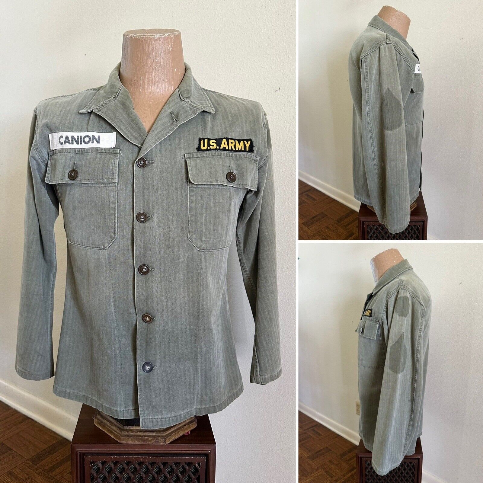 1950s Vtg US Army HBT Shirt Sz SMALL Herringbone Twill